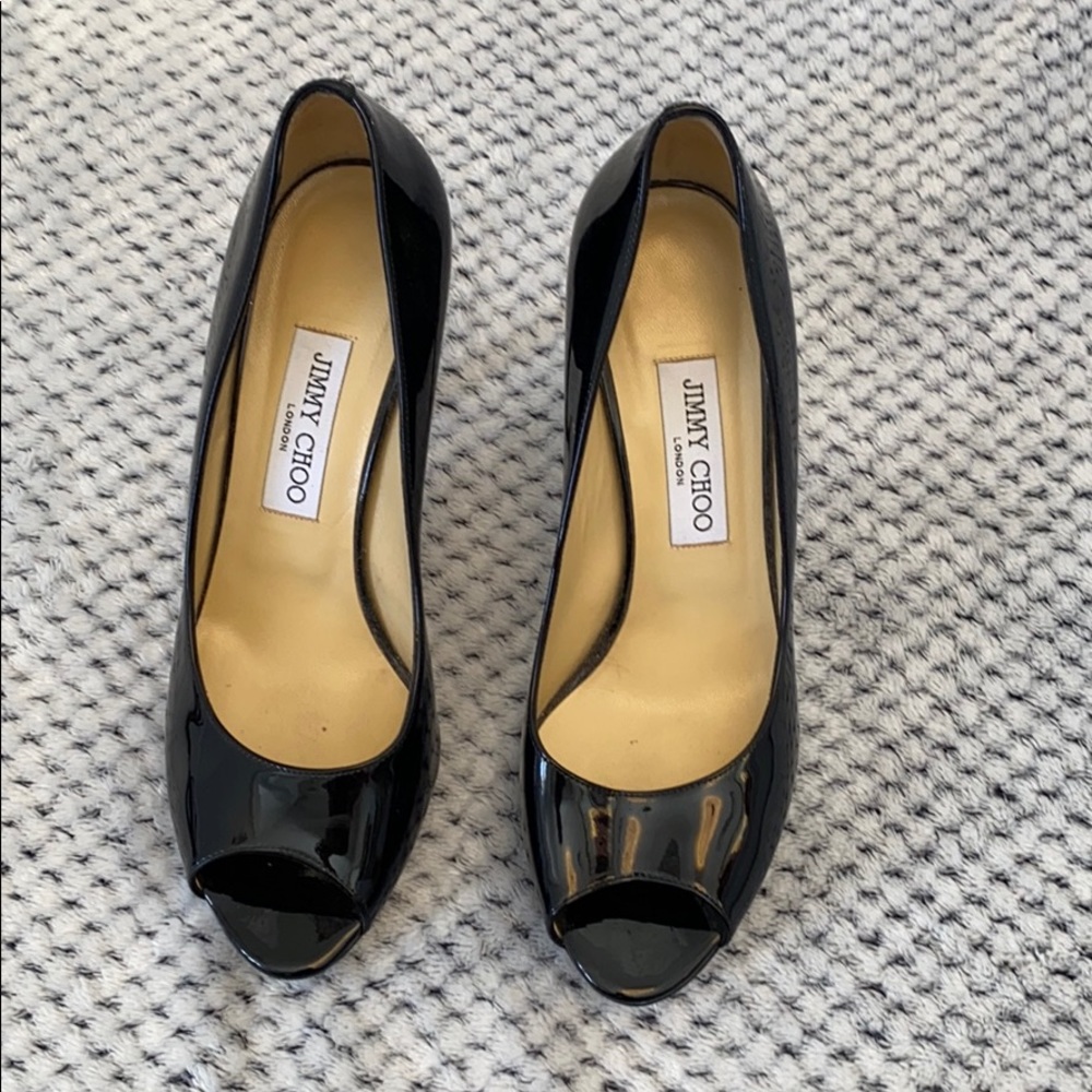 JimmyChoo Evelyn Black Patent Peep Toe Pumps Heels
